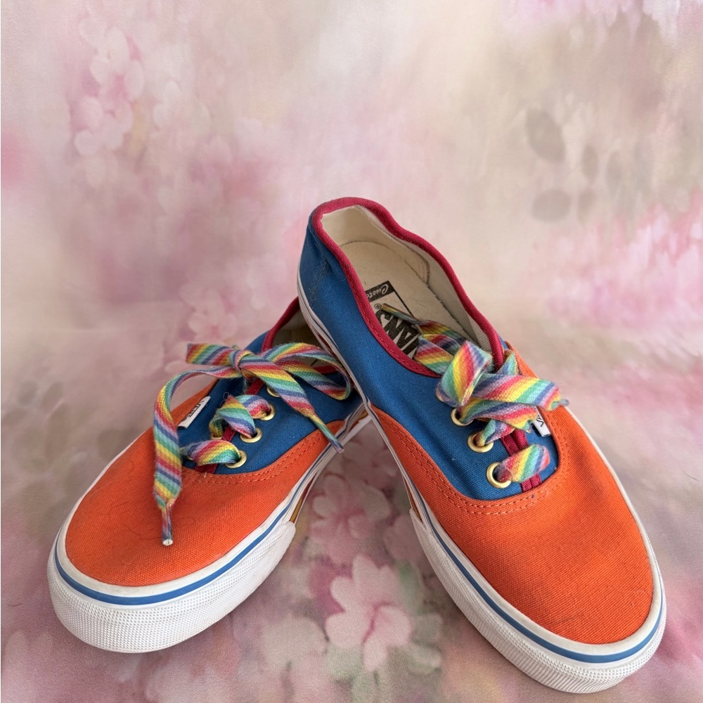 Vans Kids Sneakers in Orange and Blue with Rainbow Laces